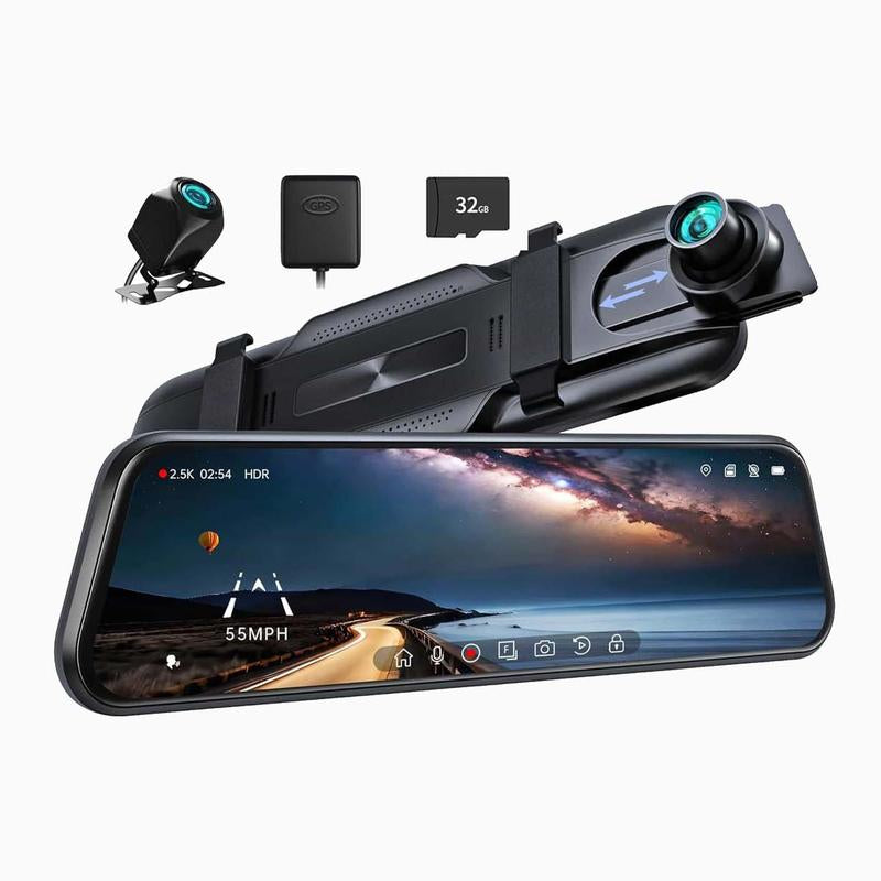 Pelsee P10 2.5K Rear View Mirror Camera, 10'' Mirror Dash Cam Smart Driving Assistant W/Adas and BSD, Front and Rear Camera for Cars Trucks,Night Vision,Voice Control,Parking Mode,Free 32GB Card